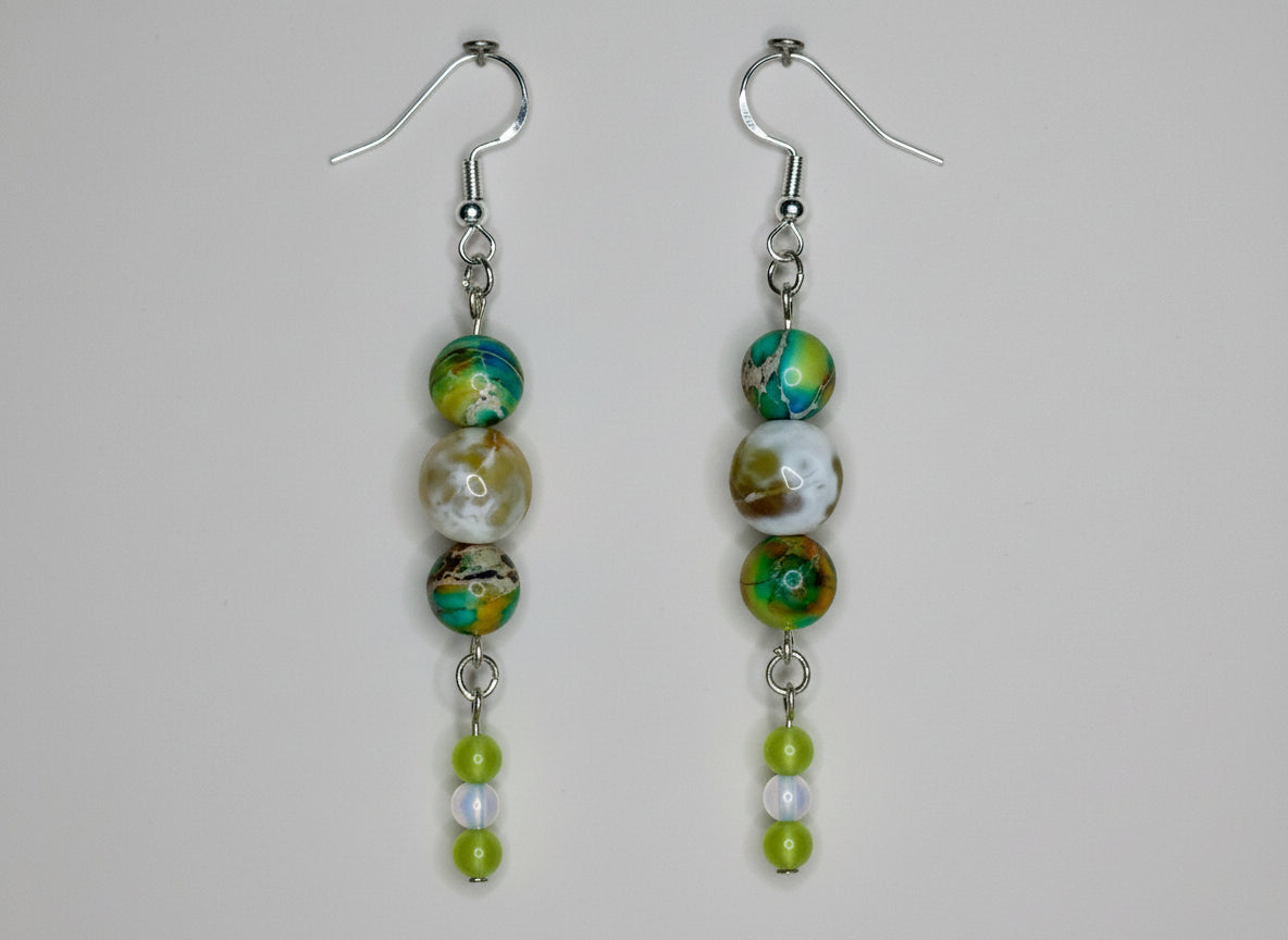 Beaded Earrings--Silver, Citrine/Milky White Glass, Natural Sea Sediment Jasper, Peridot and Opalite