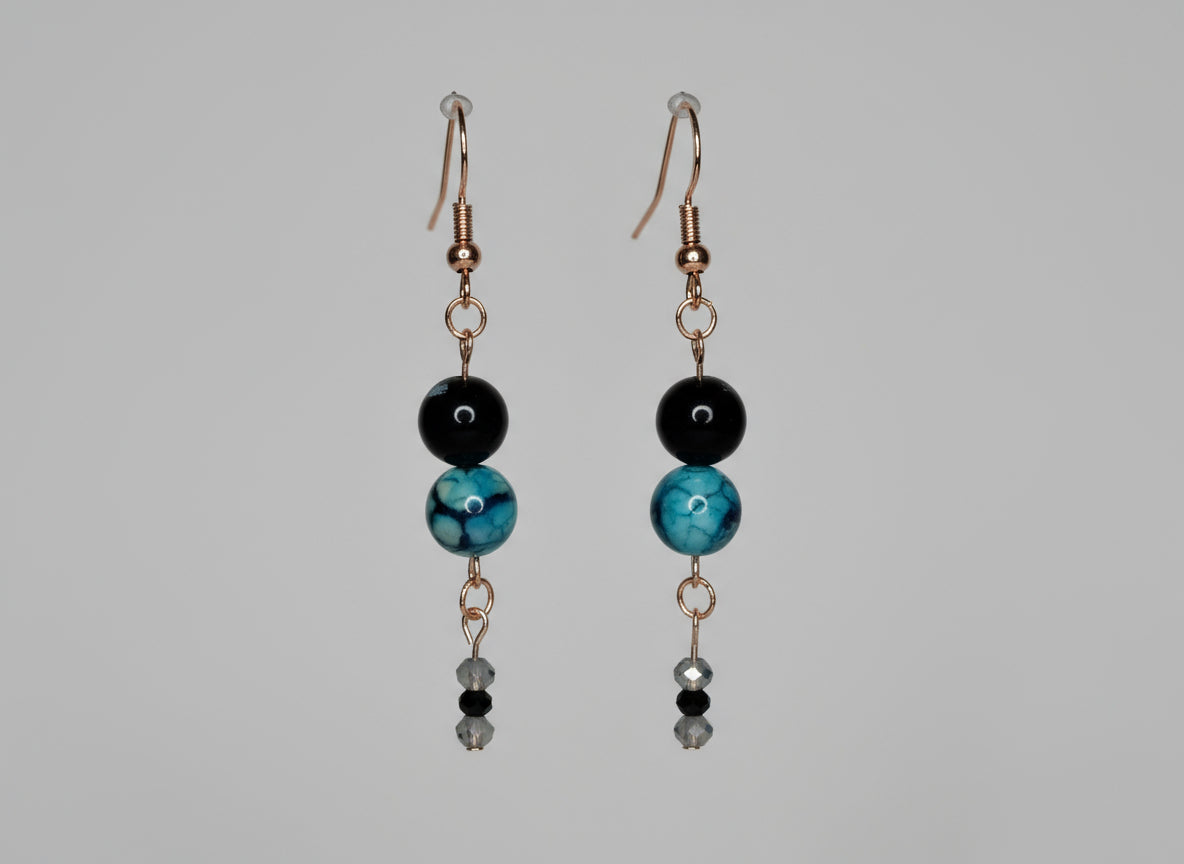 Beaded Earrings--Rose Gold, Black Agate, Blue-green Dragon Vein, Glass Faceted Beads