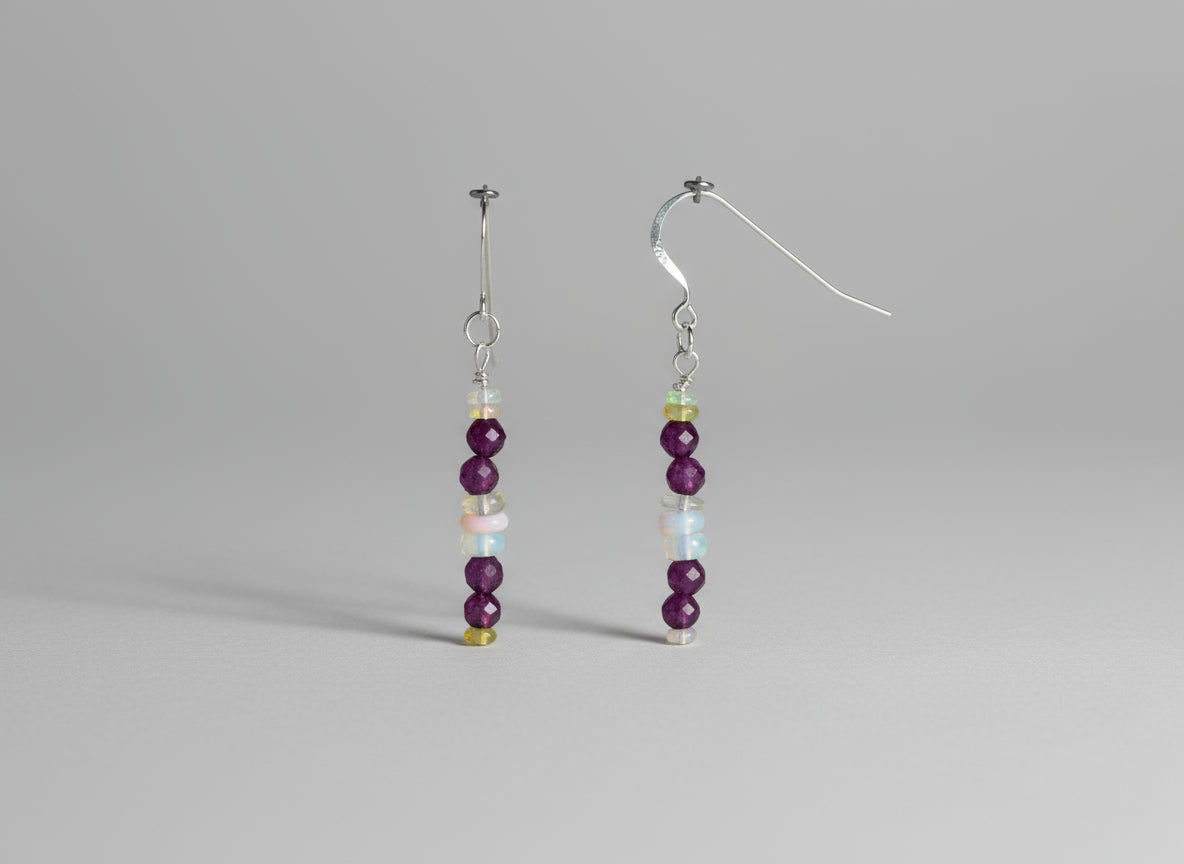 Beaded Earrings--Silver, Ruby & Opal