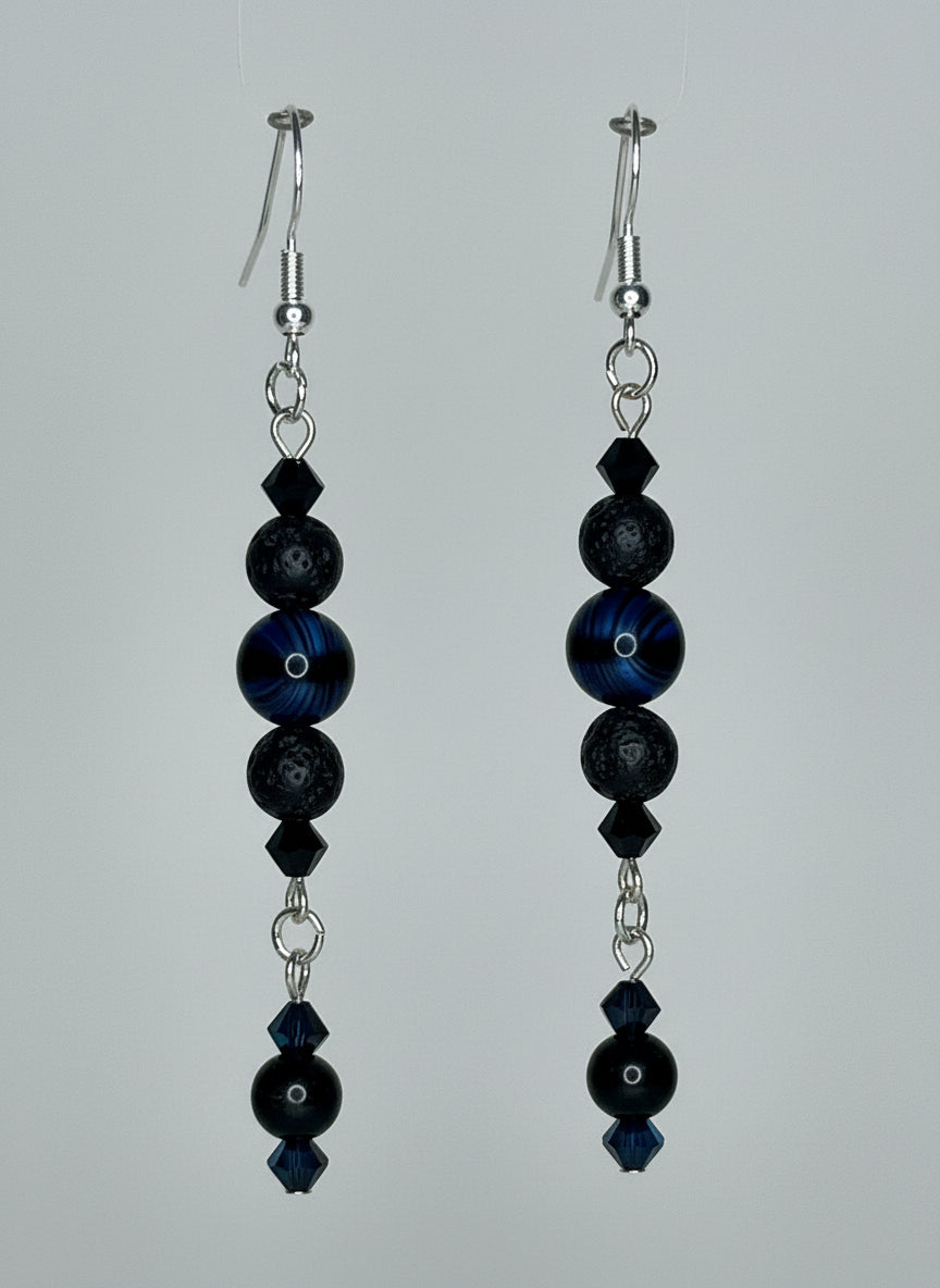 Beaded Earrings--Lava Stone, Blue Tiger Eye, Glass Crystal Bicone Beads, and Onyx