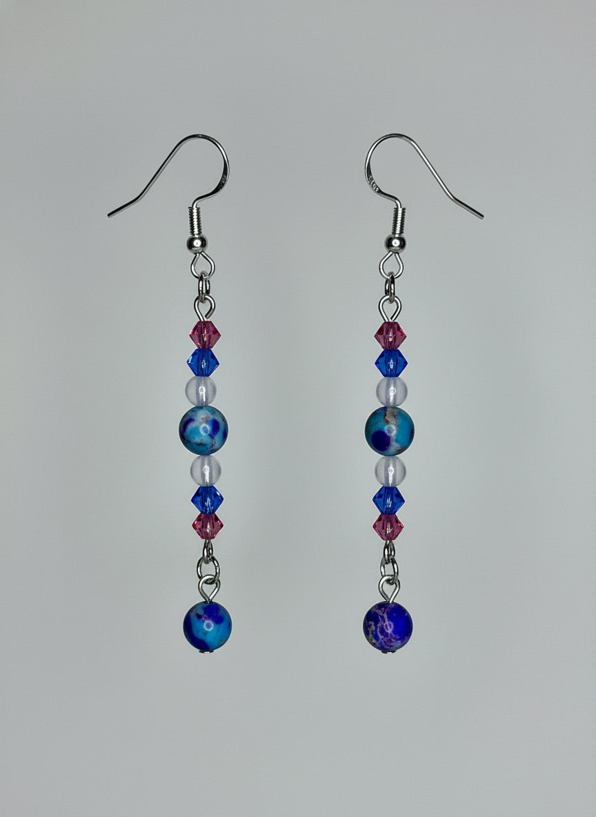 Beaded Earrings--Silver, Bicone Glass Crystals, Opalite, and Purple & Blue Sea Sediment Imperial Jasper Beads