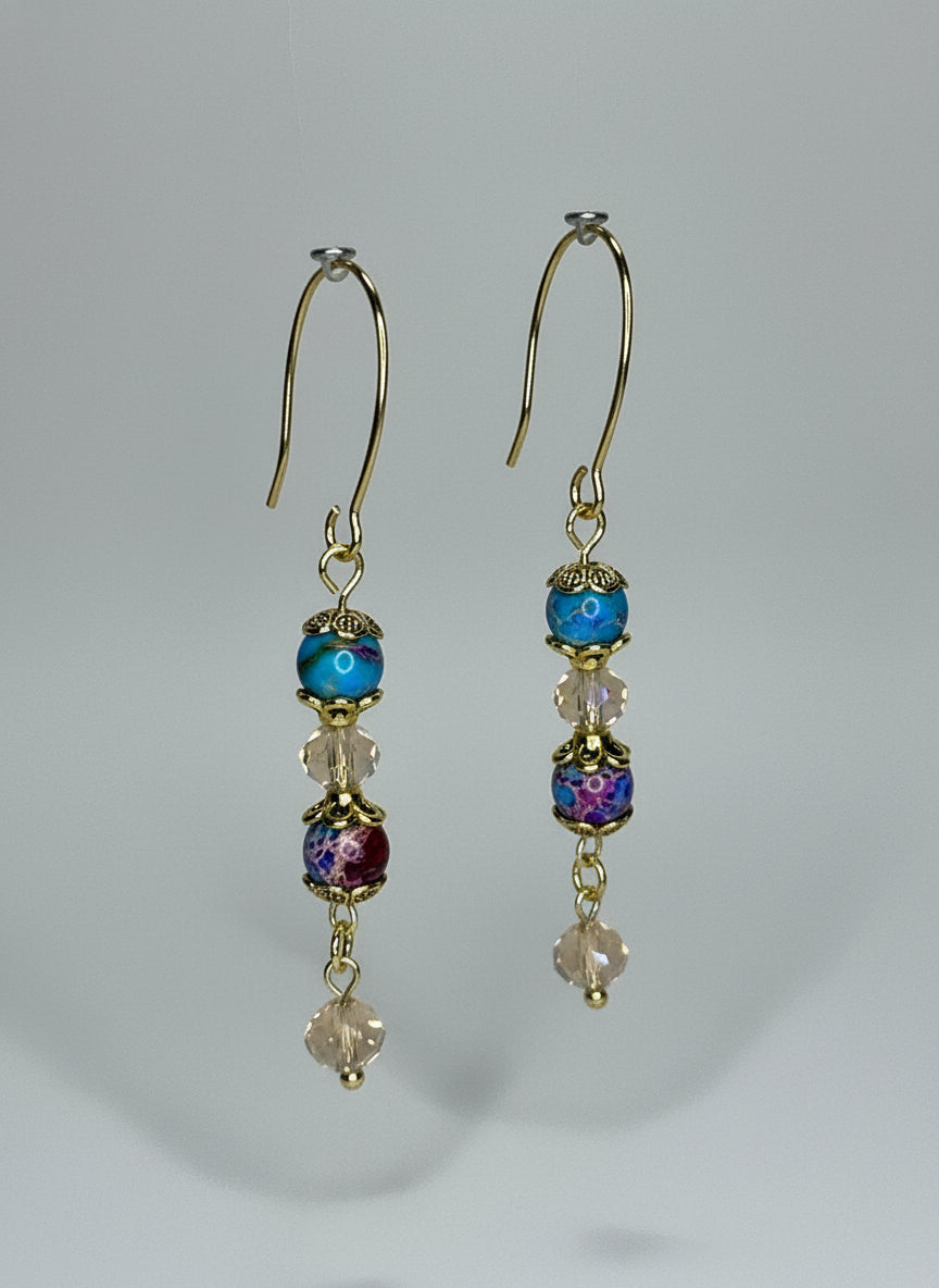 Beaded Earrings--Gold, Purple & Blue Sea Sediment Imperial Jasper, & Champagne Glass Faceted Beads