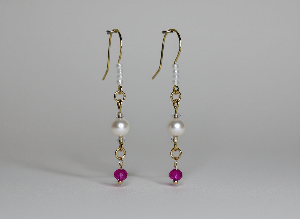 Beaded Earrings--Gold, Natural Freshwater Pearl with Bicone Crystal Glass Beads