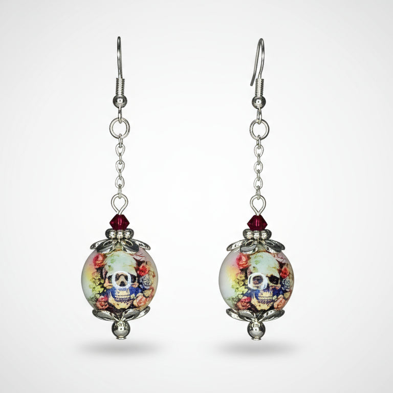 Iridescent Skull Beads with Red Swarovski Crystal Accent Silver Plated Earrings