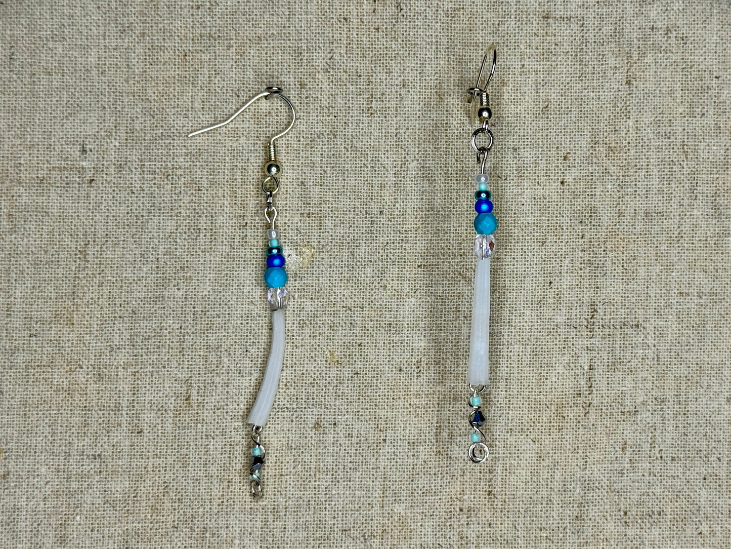Beaded Earrings--Silver, Dentalium Shell, Metal Turquoise, Seed, and Miyuki Delica Beads