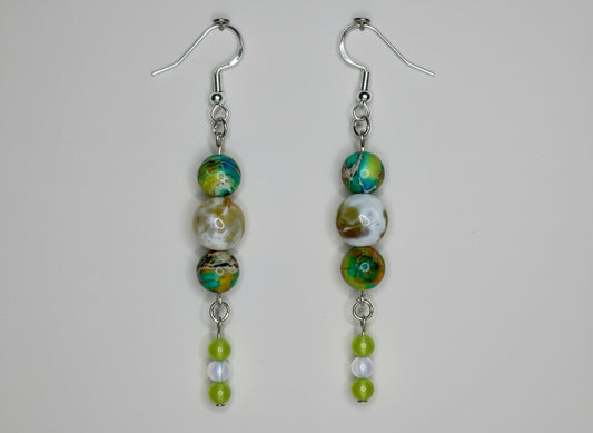 Beaded Earrings--Silver, Citrine/Milky White Glass, Natural Sea Sediment Jasper, Peridot and Opalite