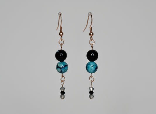 Beaded Earrings--Rose Gold, Black Agate, Blue-green Dragon Vein, Glass Faceted Beads