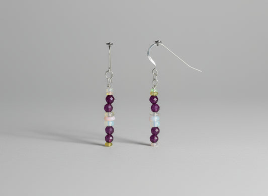 Beaded Earrings--Silver, Ruby & Opal