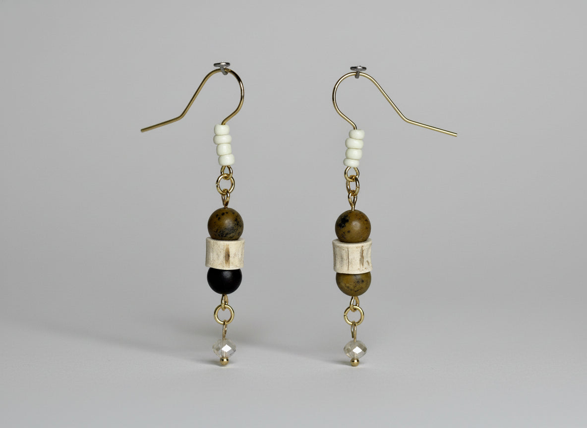 Beaded Earrings--Gold Natural Picasso Jasper, Shark Vertebrae, and Faceted Glass Bead Accents