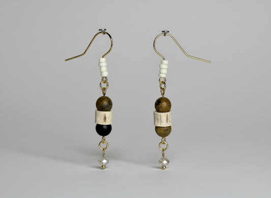 Beaded Earrings--Gold Natural Picasso Jasper, Shark Vertebrae, and Faceted Glass Bead Accents
