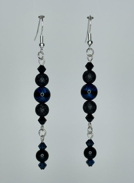 Beaded Earrings--Lava Stone, Blue Tiger Eye, Glass Crystal Bicone Beads, and Onyx