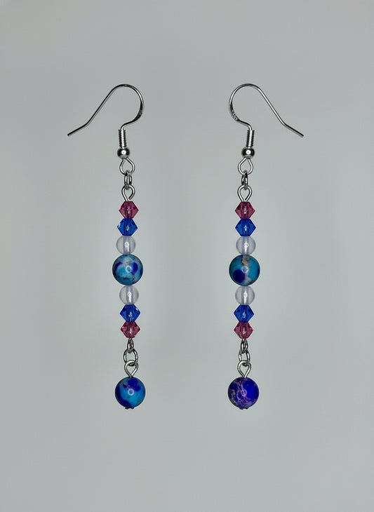 Beaded Earrings--Silver, Bicone Glass Crystals, Opalite, and Purple & Blue Sea Sediment Imperial Jasper Beads