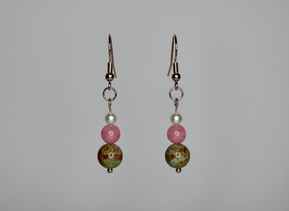 Beaded Earrings--Rose Gold, Pearl, Rose Quartz, and Natural Sea Sediment Jasper