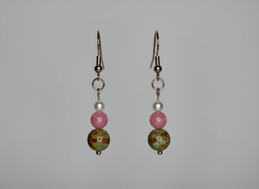 Beaded Earrings--Rose Gold, Pearl, Rose Quartz, and Natural Sea Sediment Jasper