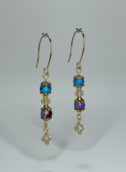 Beaded Earrings--Gold, Purple & Blue Sea Sediment Imperial Jasper, & Champagne Glass Faceted Beads
