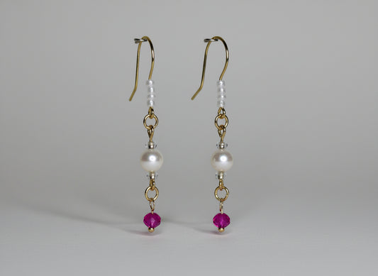 Beaded Earrings--Gold, Natural Freshwater Pearl with Bicone Crystal Glass Beads