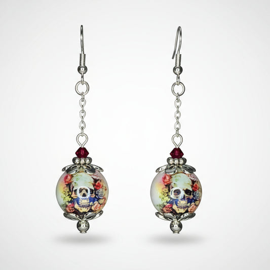 Iridescent Skull Beads with Red Swarovski Crystal Accent Silver Plated Earrings